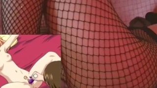 Girl amateur masturbs her pussy watching lesbian hentai strapon